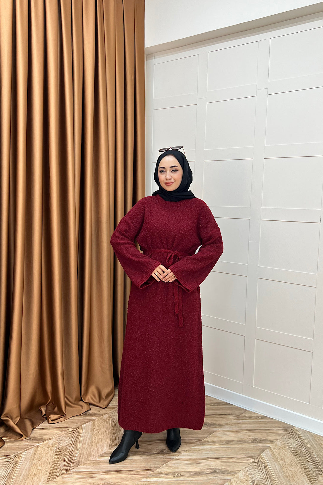 Yumoş Sim Karışımlı Salaş Triko Elbise Bordo 252500-BORDO