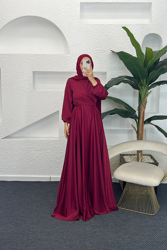 Önü Çarpraz Saten Abiye Bordo 4529-BORDO