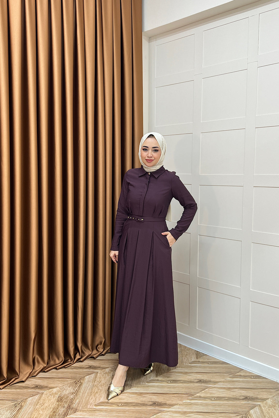 Lunia Kemerli Elbise Mürdüm 5010-MURDUM