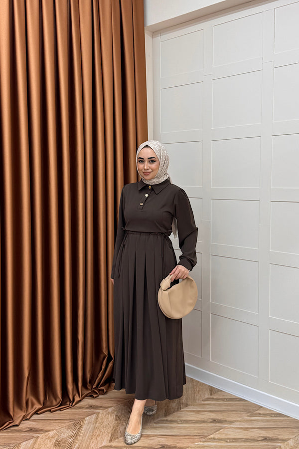 Lora Pileli Elbise Kahverengi 3054-KAHVERENGI