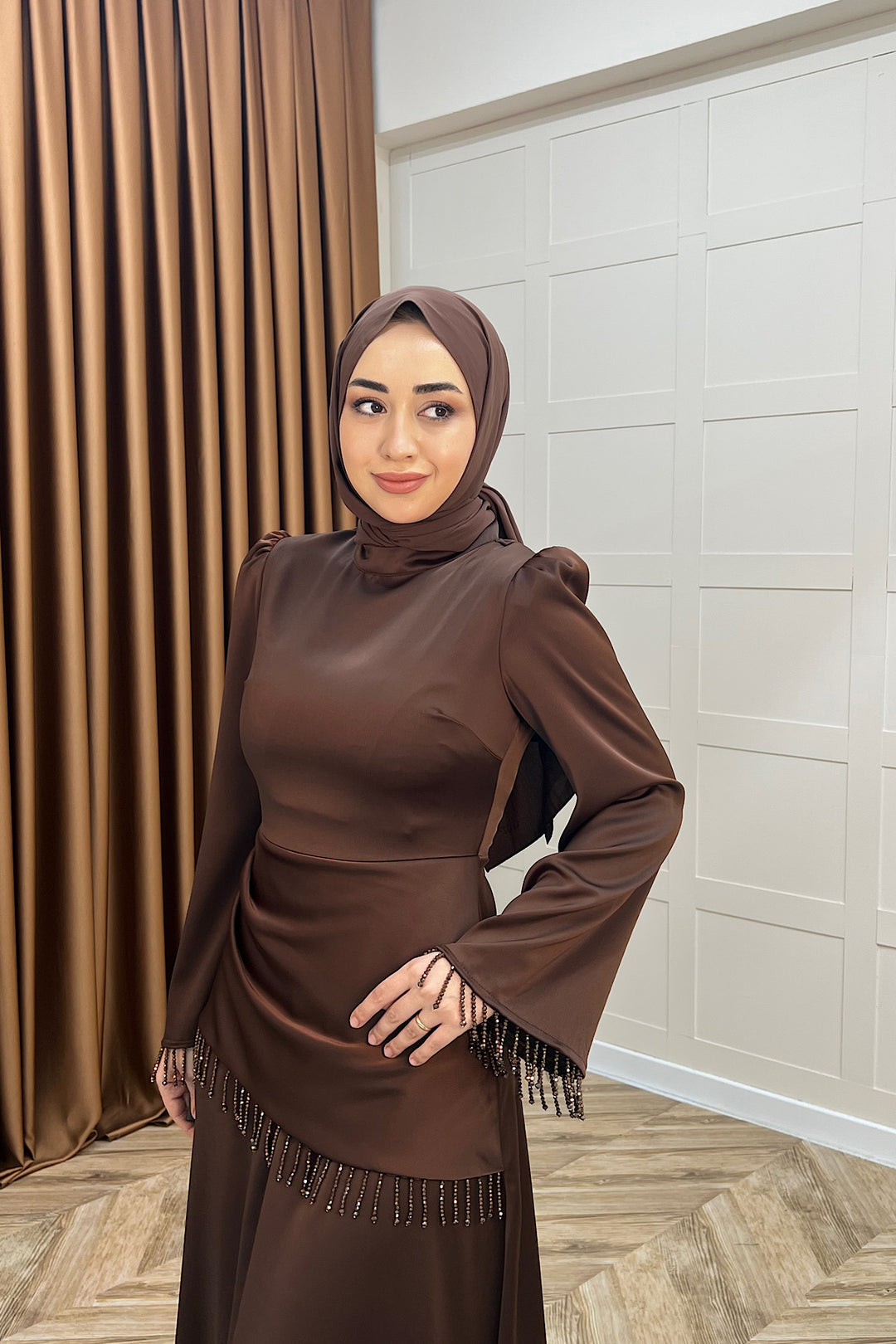 Ayla Saten Abiye Kahverengi 3093-KAHVERENGI