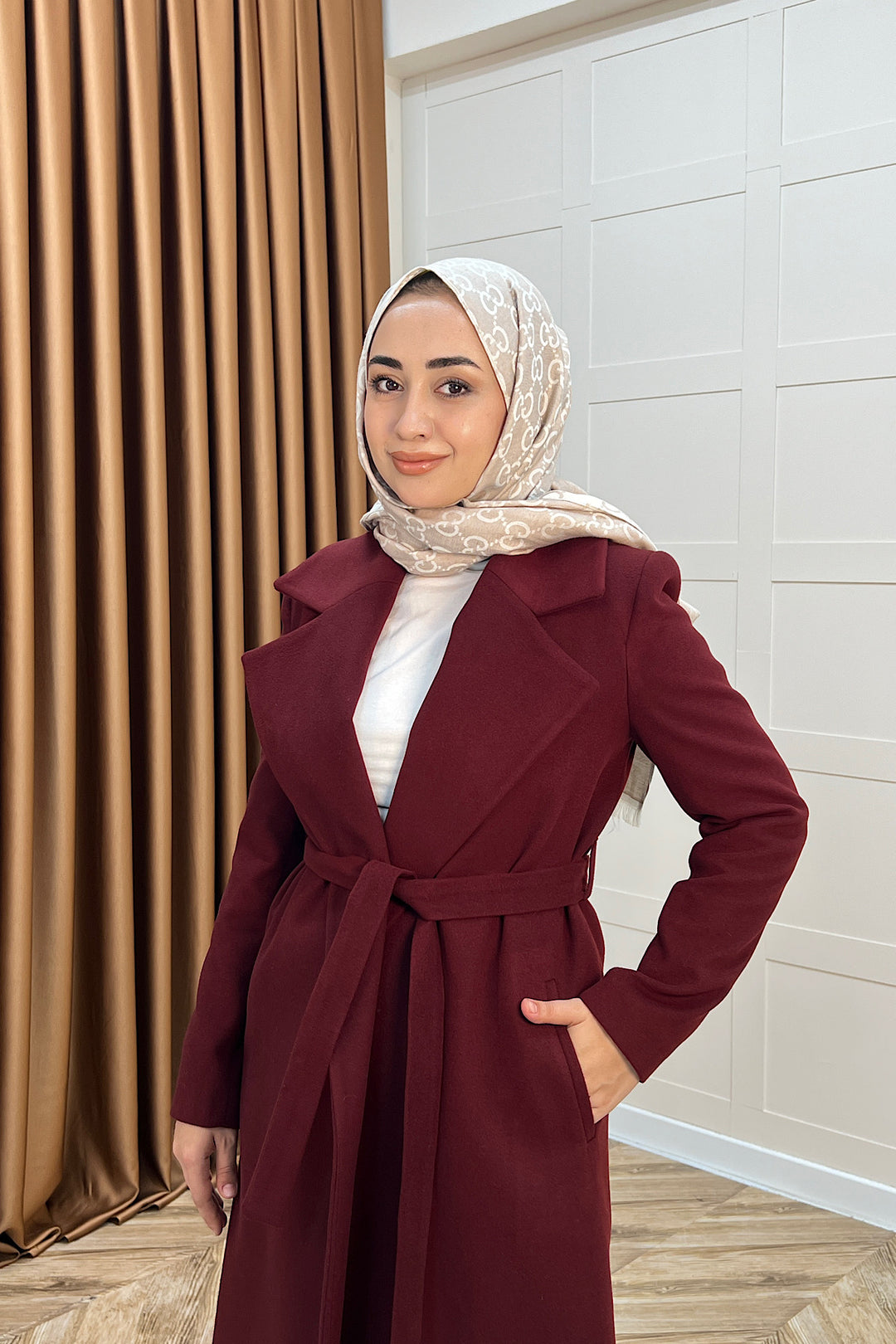 Premium Kuşaklı Kaşe Kaban Bordo 5510-BORDO