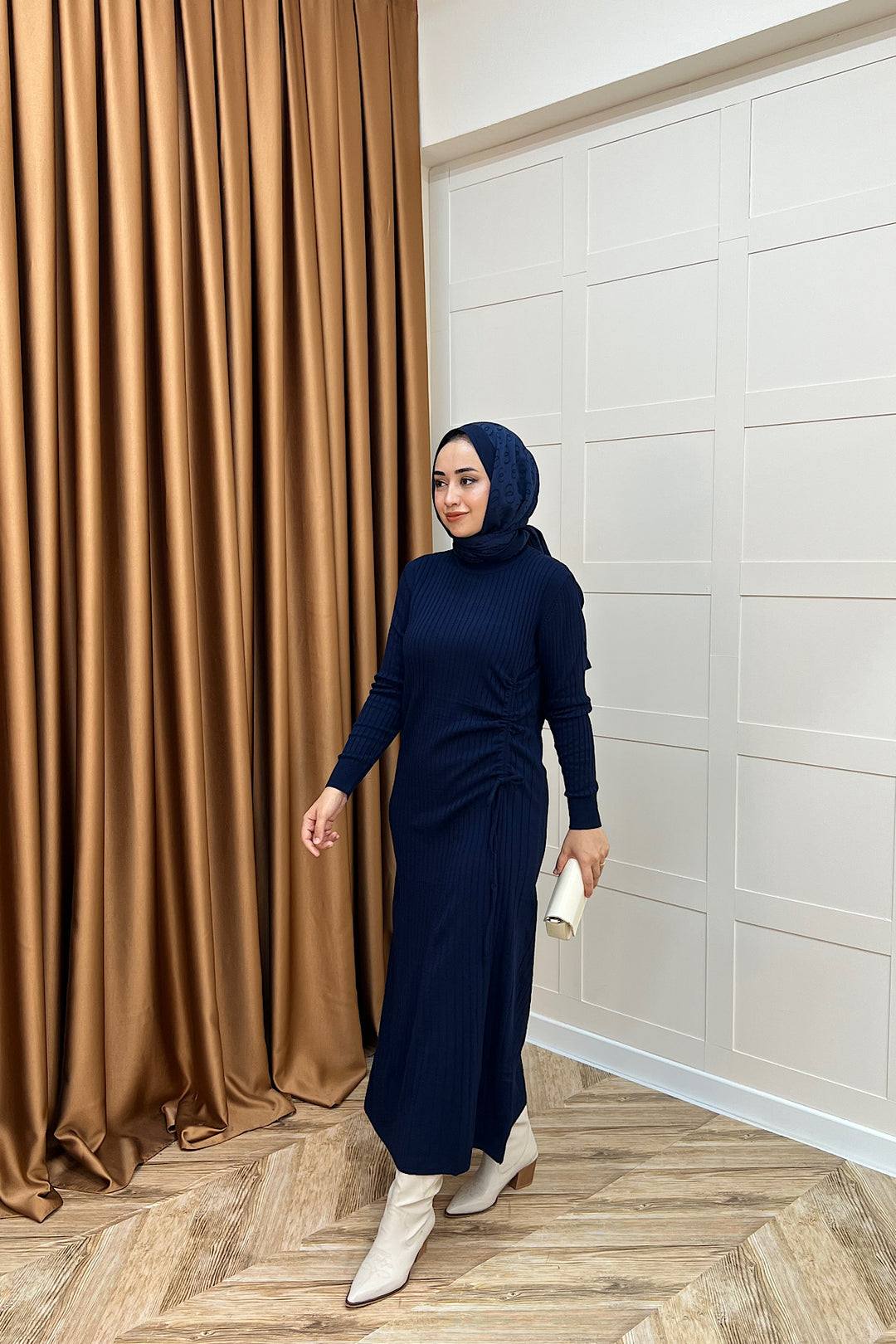 Yandan Büzgülü Triko Elbise Lacivert 24870-LACIVERT