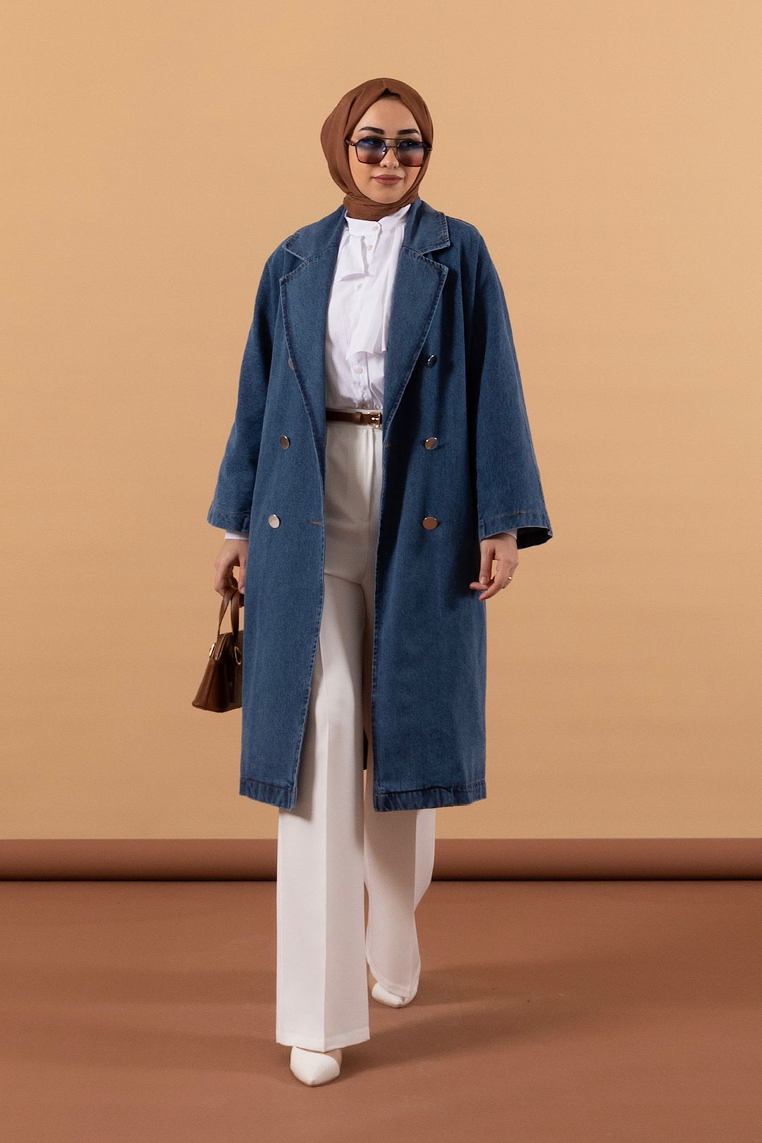 Uzun Denim Ceket Mavi 5505-MAVI