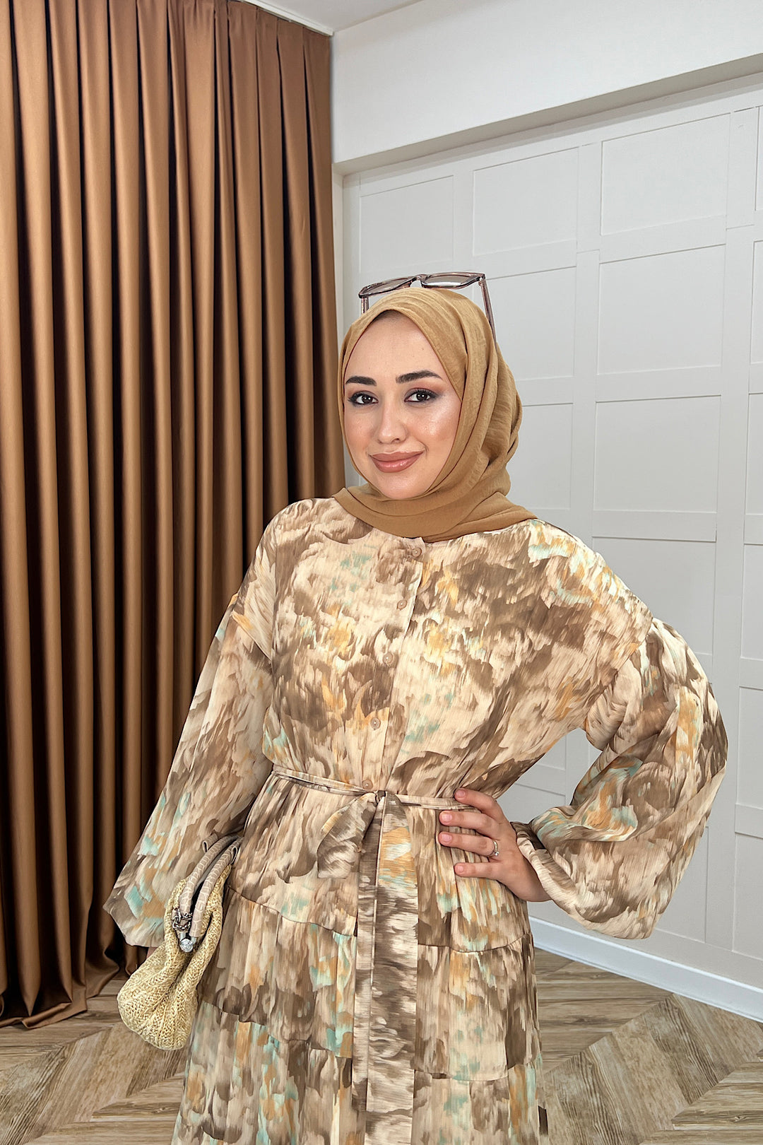 Lily Rüya Desen Şifon Elbise Vizon 3037-VIZON