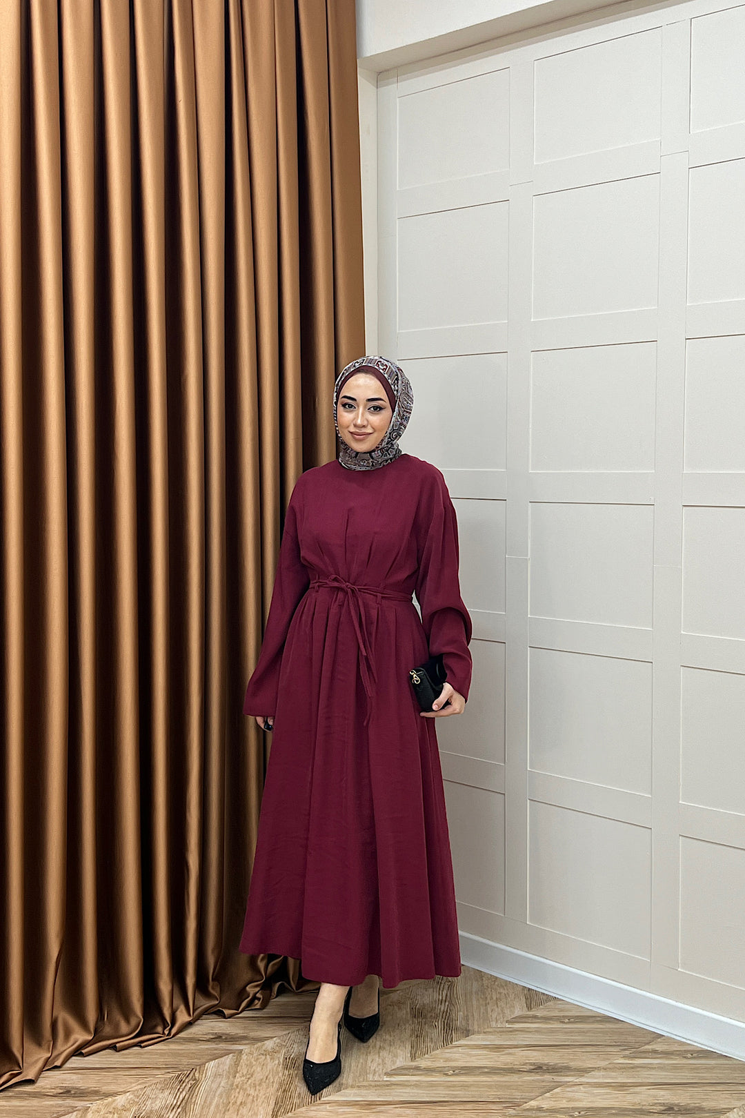 Alya Belden Bağlamalı Elbise Bordo 39020-BORDO