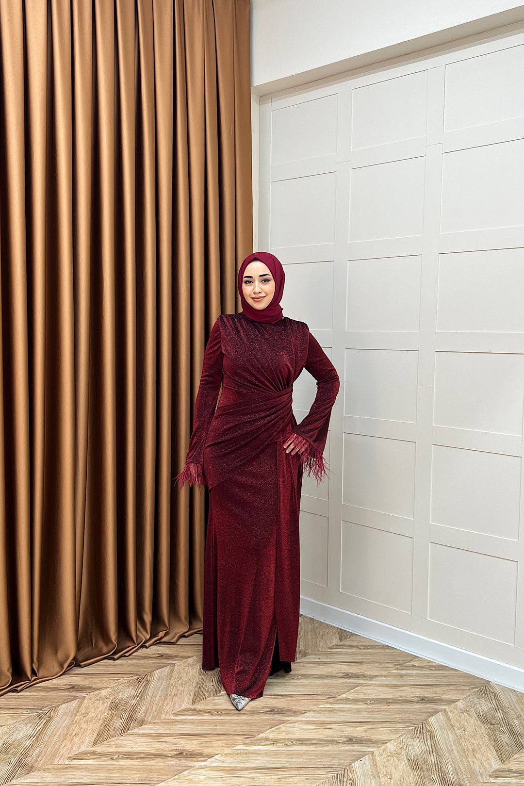 Rosalin Tüy Detay Abiye Bordo 3088-BORDO