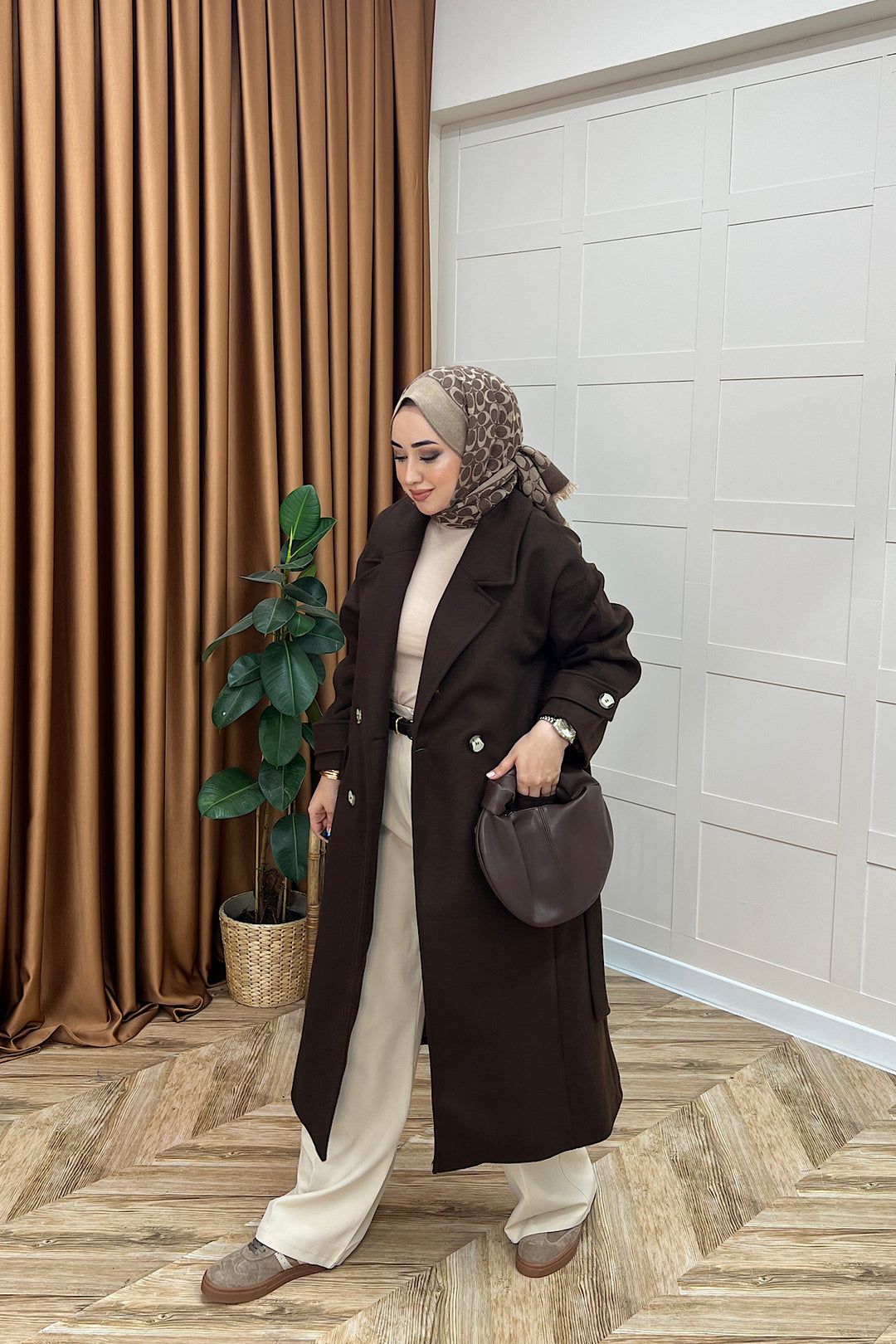 Lara Kuşaklı Kaşe Kaban Kahverengi 5541-KAHVERENGI