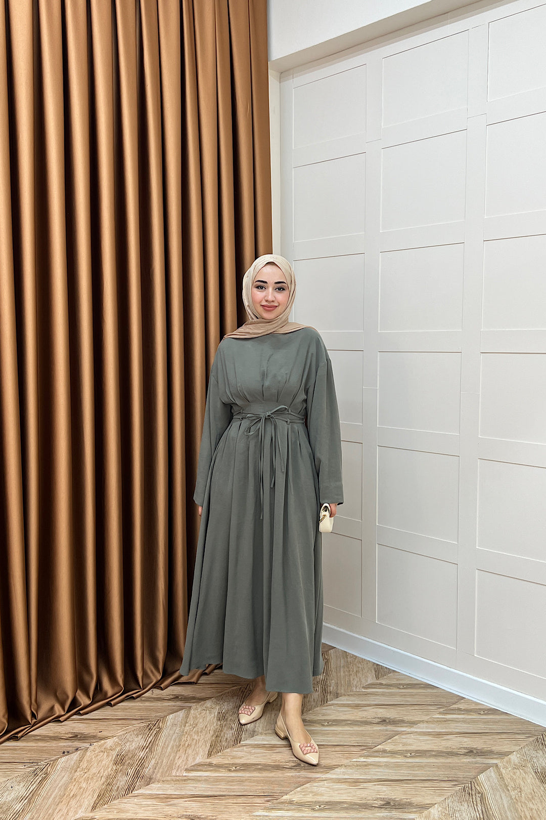 Belden Bağlamalı Cupra Elbise Yeşil 5013-YESIL