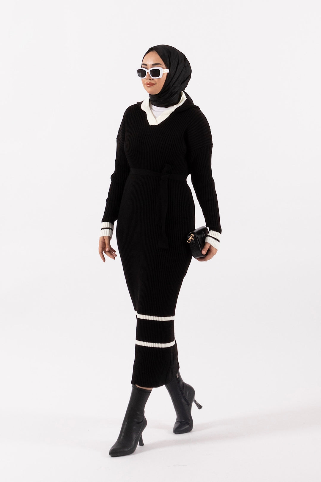 Sindirella Kapüşonlu Triko Elbise Siyah 24K96356-SIYAH