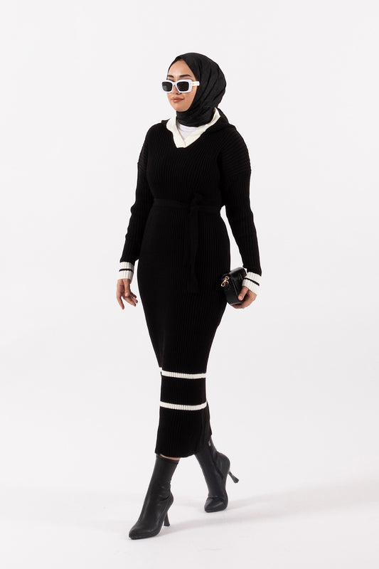 Sindirella Kapüşonlu Triko Elbise Siyah 24K96356-SIYAH