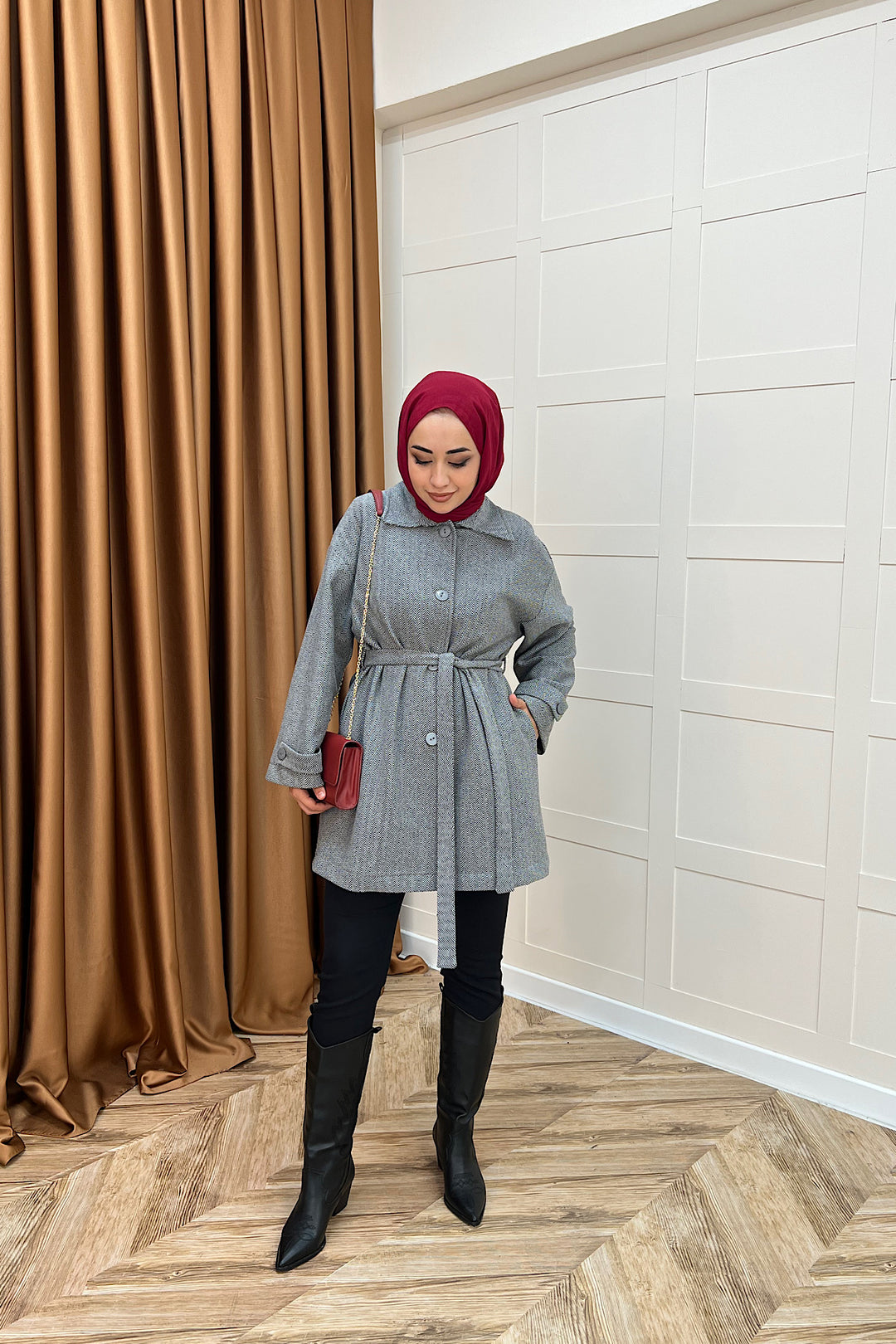 Bensu Kuşaklı Kaşe Kaban Gri 5518-GRI