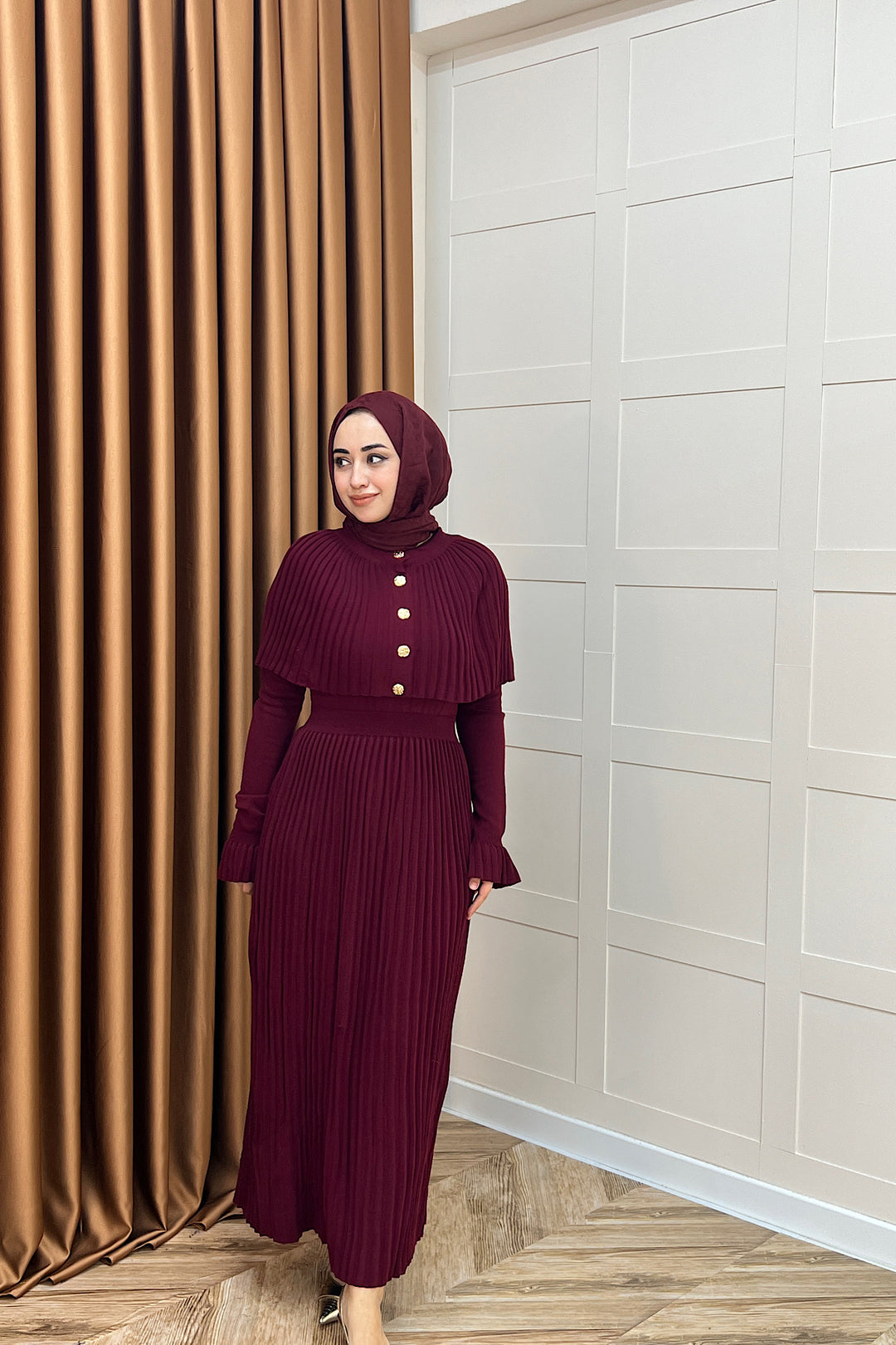 Kelebek Pelerinli Triko Elbise Bordo 10200-BORDO