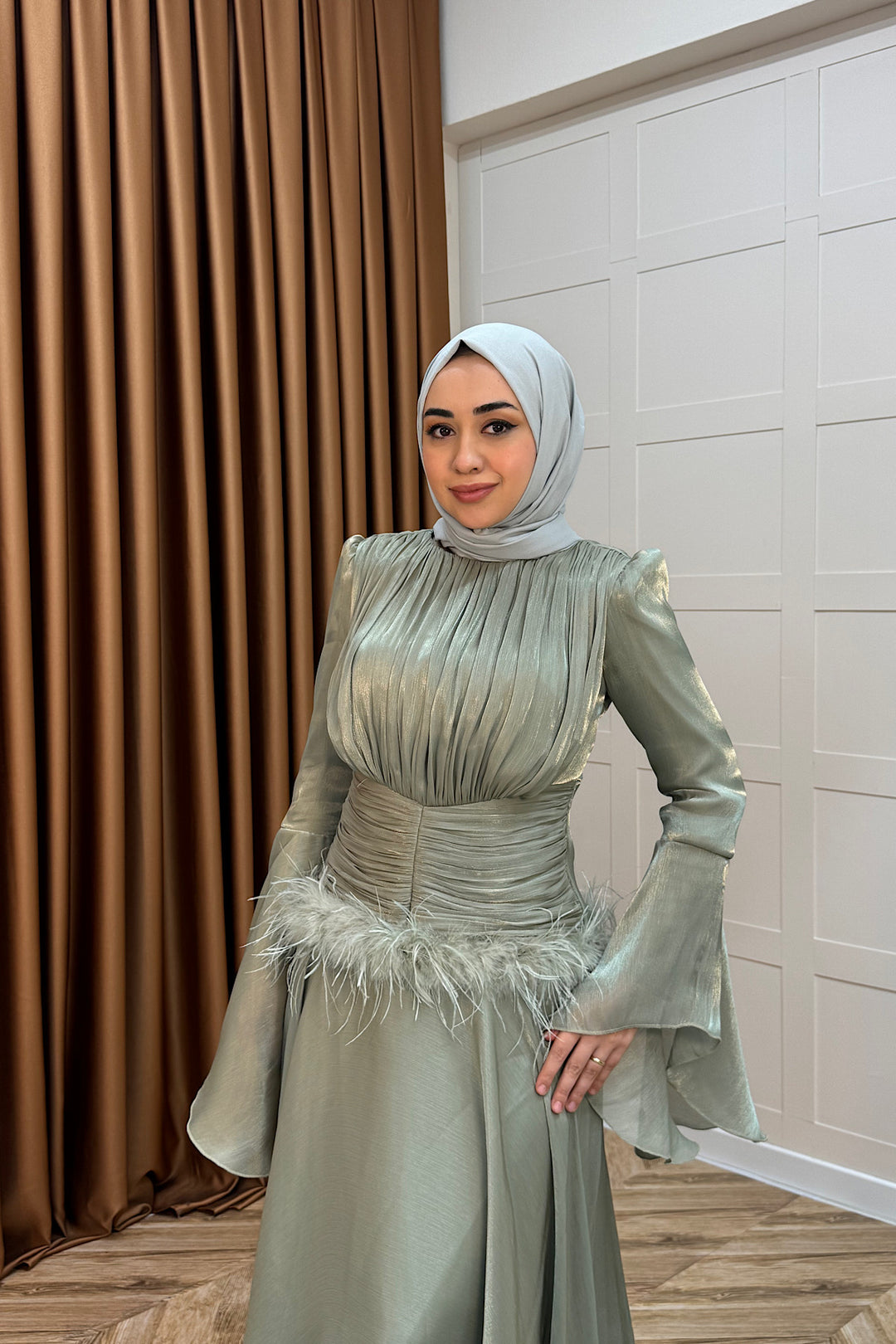 Nova Bel Drapeli Abiye Yeşil 3089-YESIL