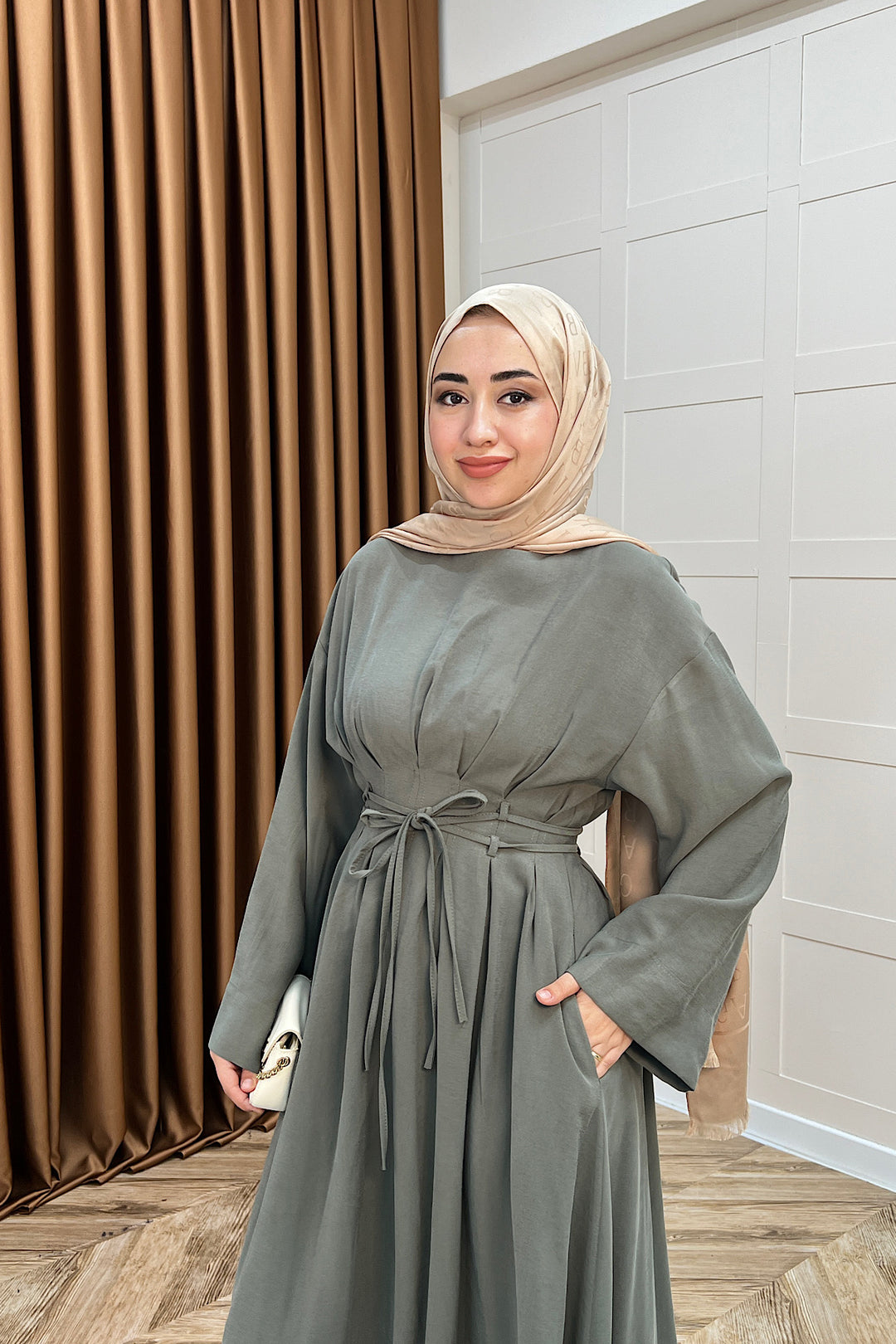 Belden Bağlamalı Cupra Elbise Yeşil 5013-YESIL