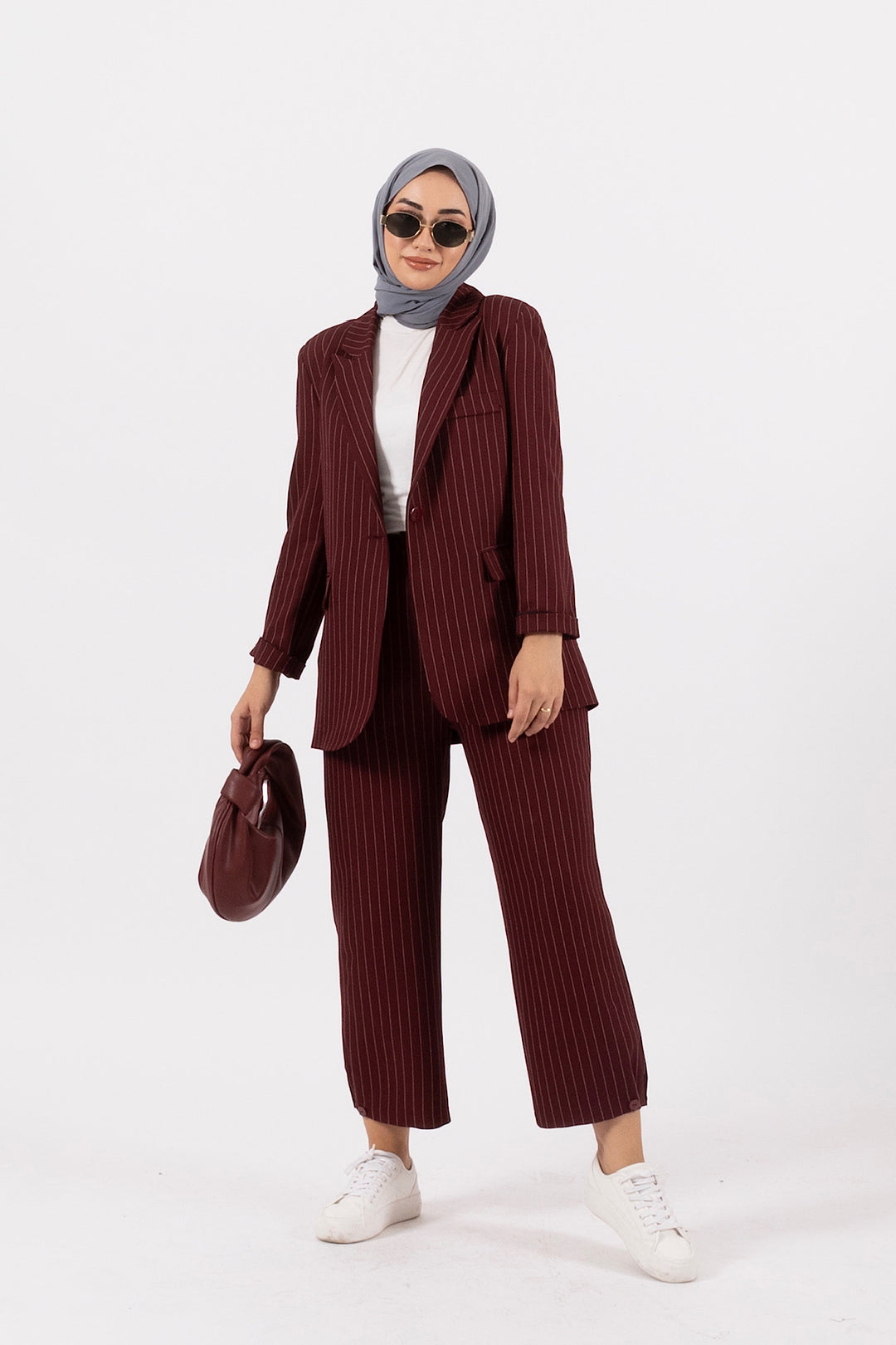 Paça Detay Çizgili Takım Bordo 24K6183-BORDO