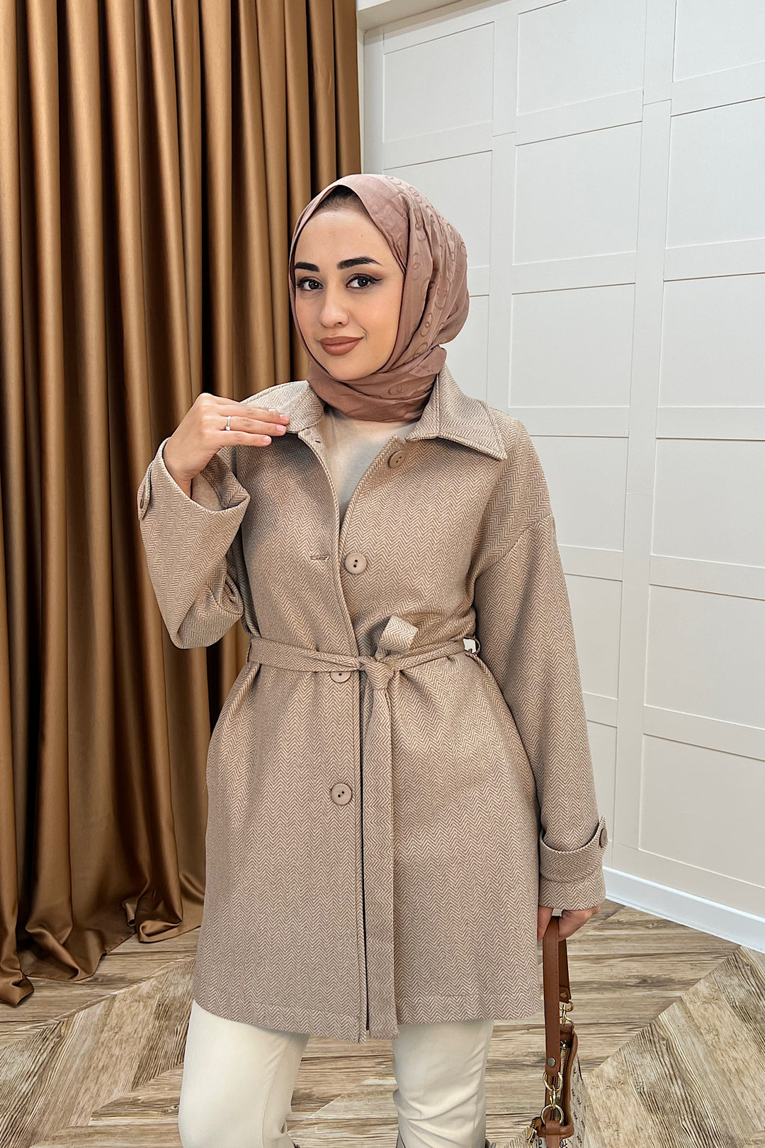 Bensu Kuşaklı Kaşe Kaban Kahverengi 5518-KAHVERENGI