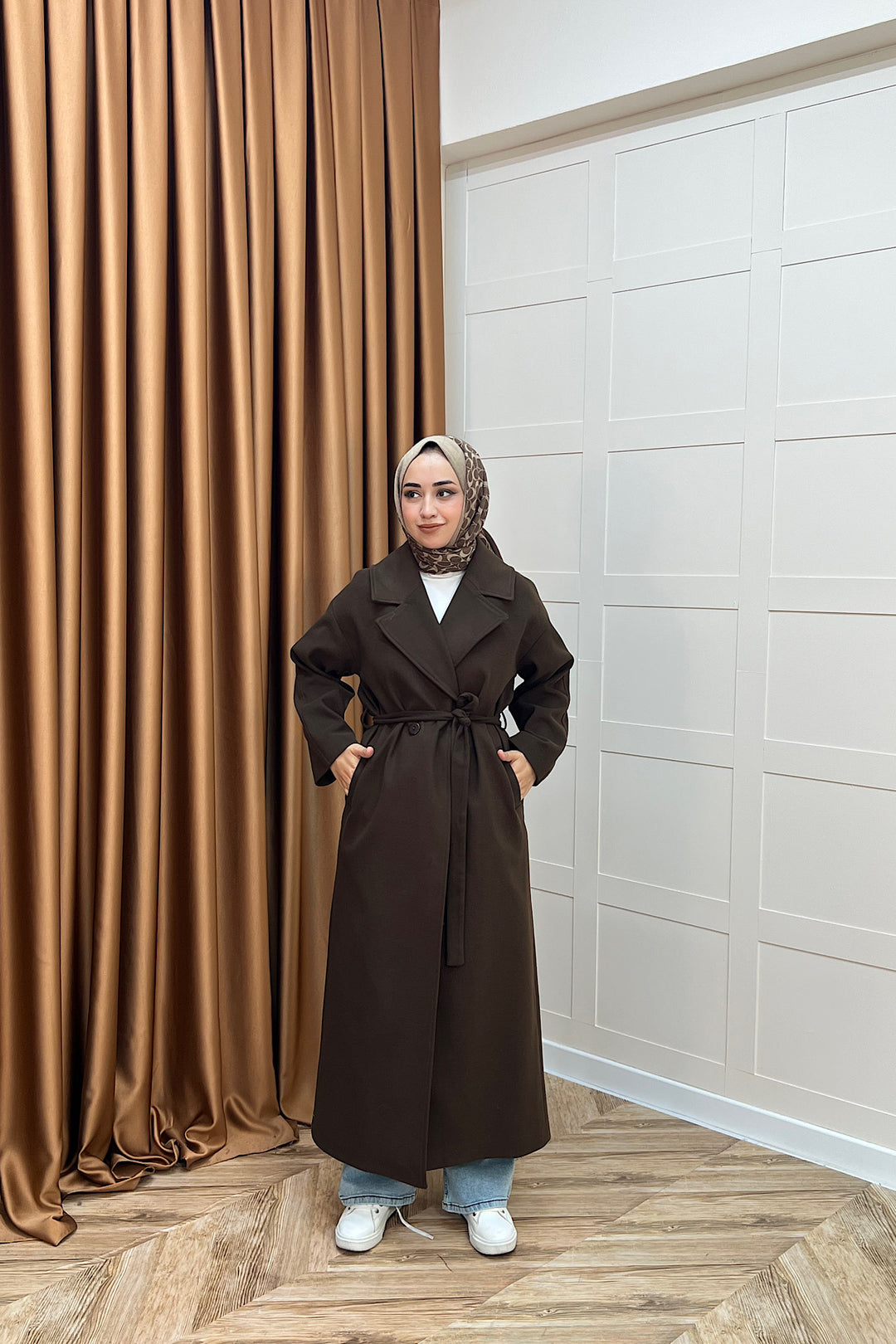 Retro Premium Kumaş Uzun Kaşe Kaban Kahverengi 5509-KAHVERENGI