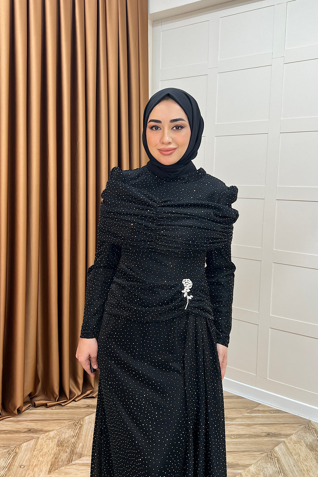 Helena Çiçek Taşlı Abiye Siyah 3097-SIYAH