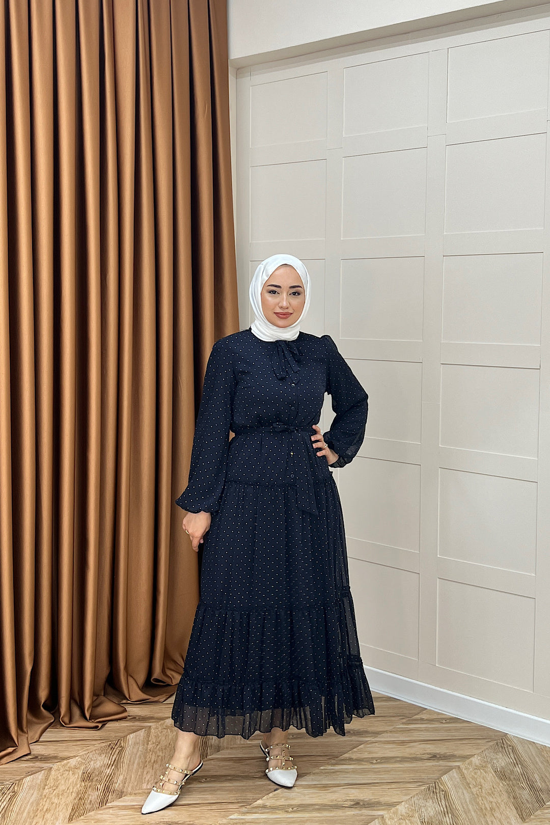 Lea Puantiyeli Şifon Elbise Lacivert 03036-LACIVERT