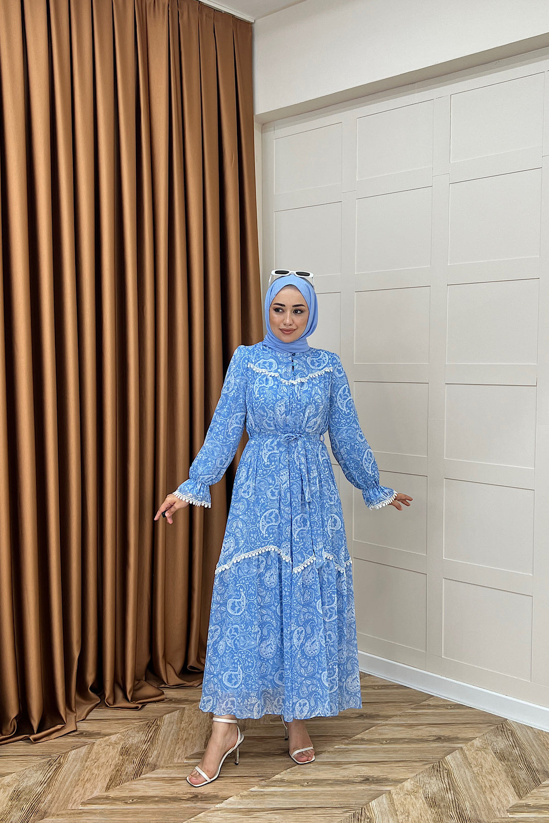 Lisa Dantel Detay Elbise Mavi 3051-MAVI