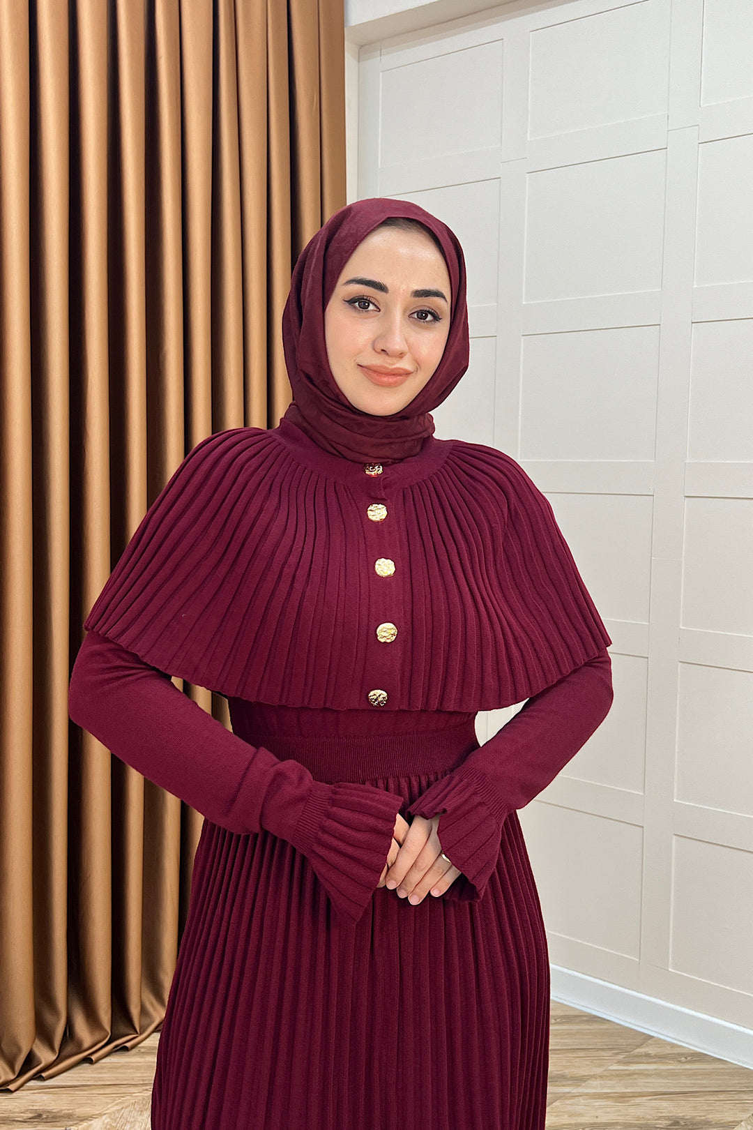 Kelebek Pelerinli Triko Elbise Bordo 10200-BORDO