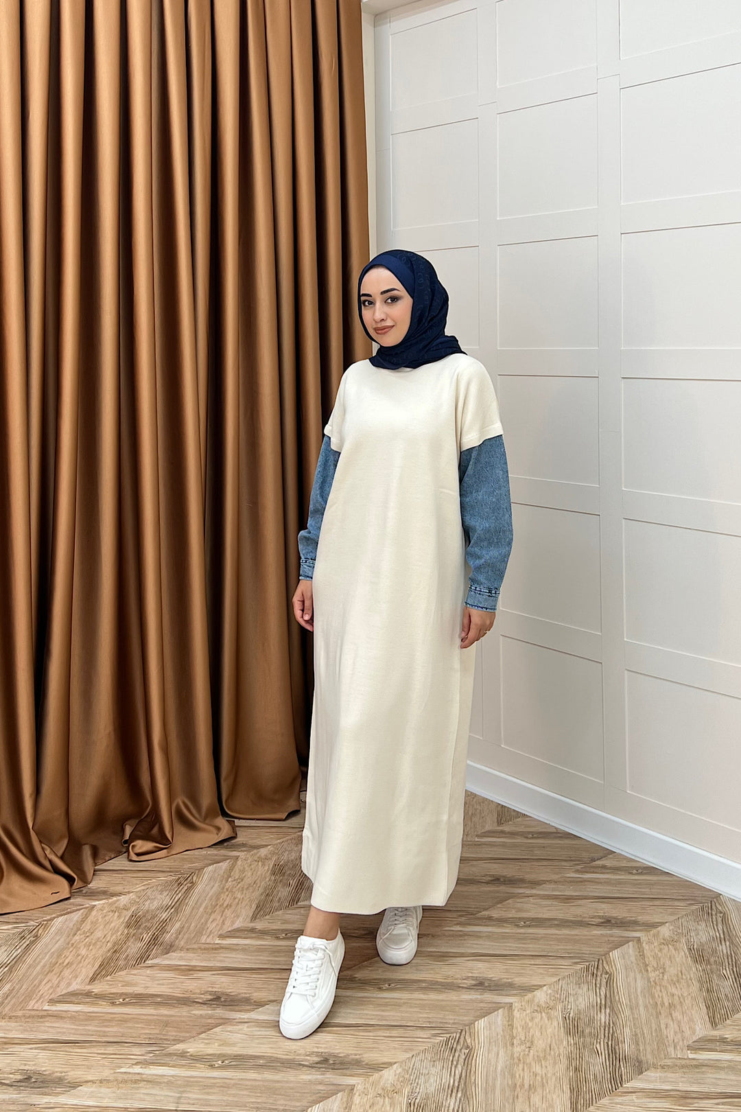 Kolları Kot Detay Triko Elbise Ekru 241200-EKRU