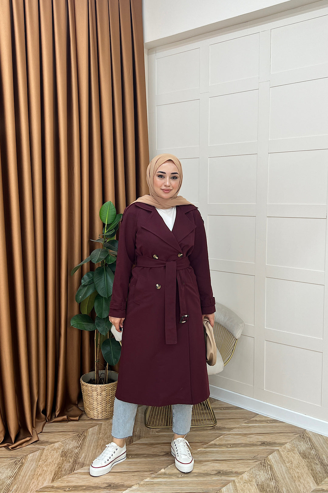 Pamella Kuşaklı Trençkot Bordo 5533-BORDO
