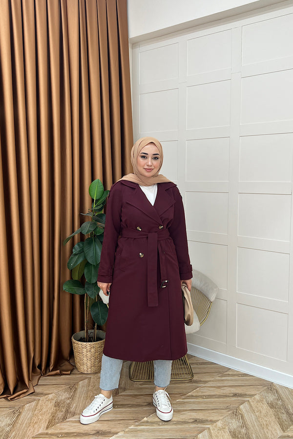 Pamella Kuşaklı Trençkot Bordo 5533-BORDO