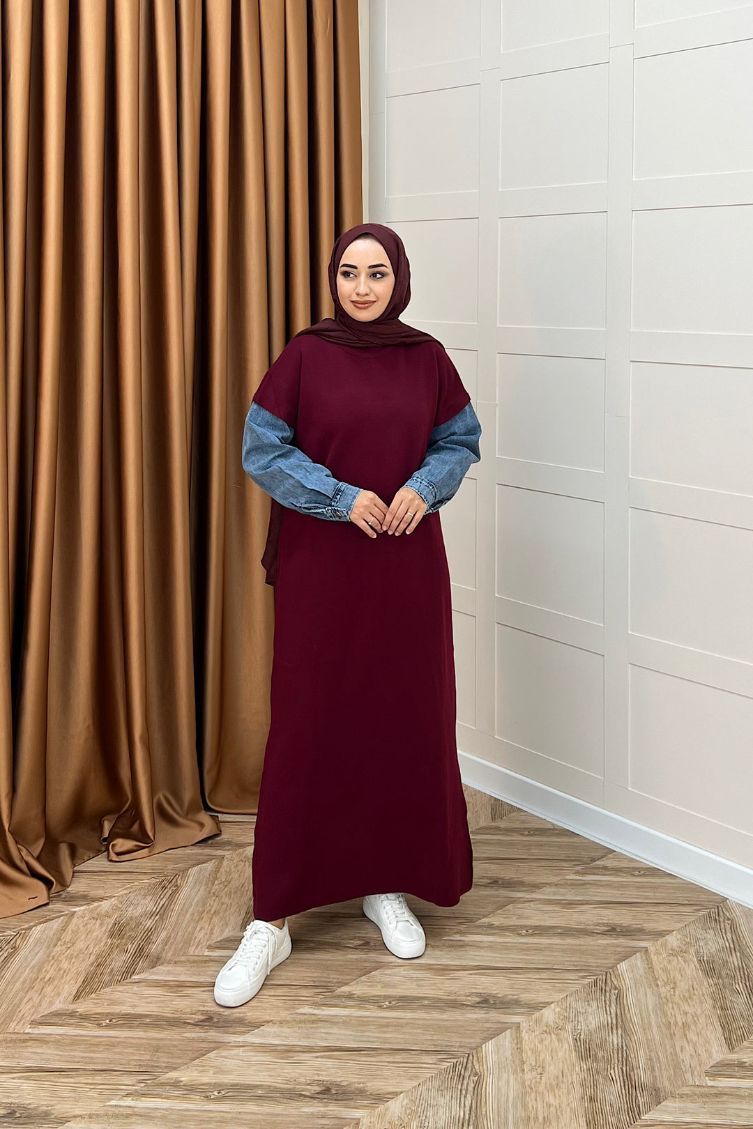 Kolları Kot Detay Triko Elbise Bordo 241200-BORDO