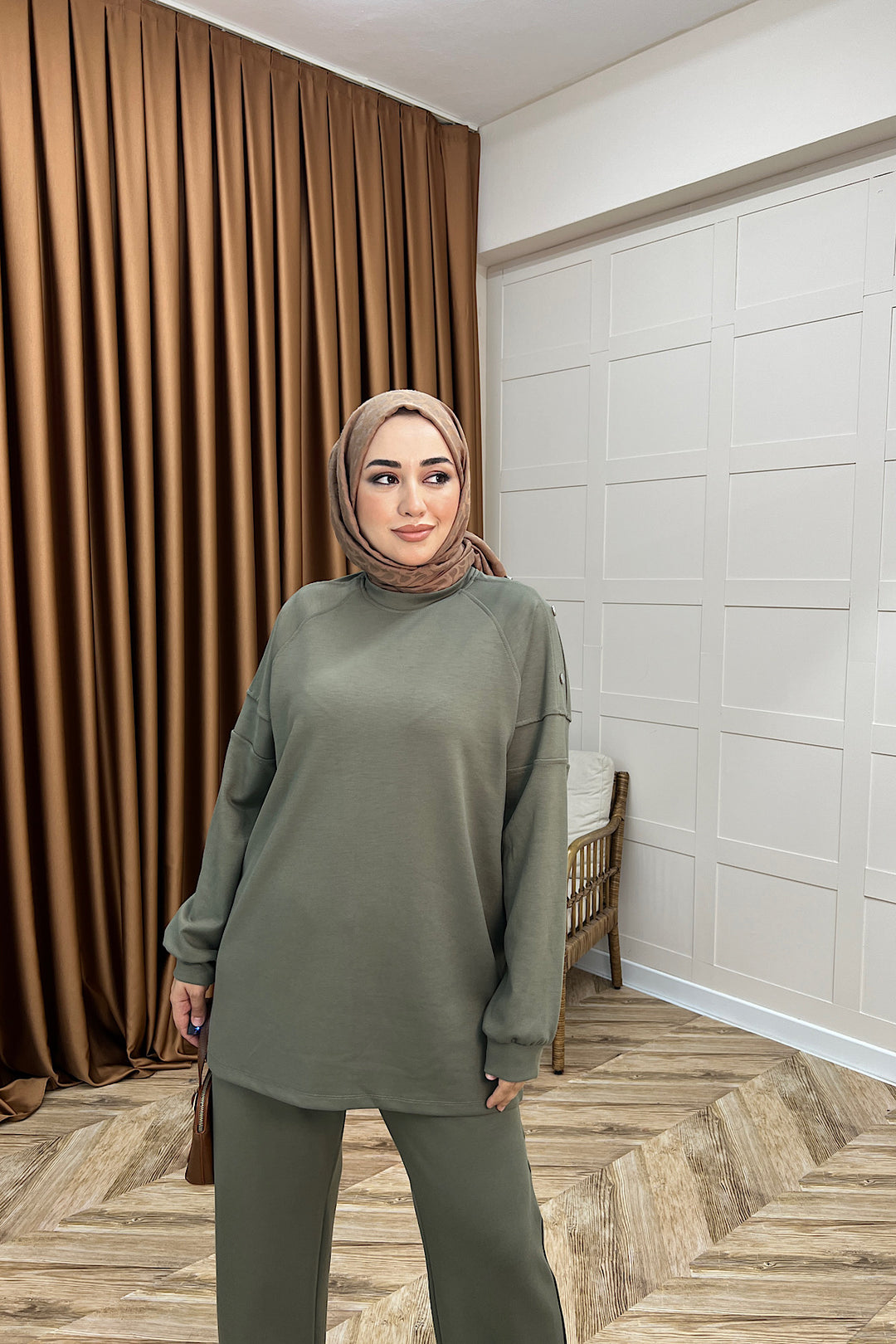 Luna Omuz Düğme Detay İkili Takım Yeşil 3139-YESIL