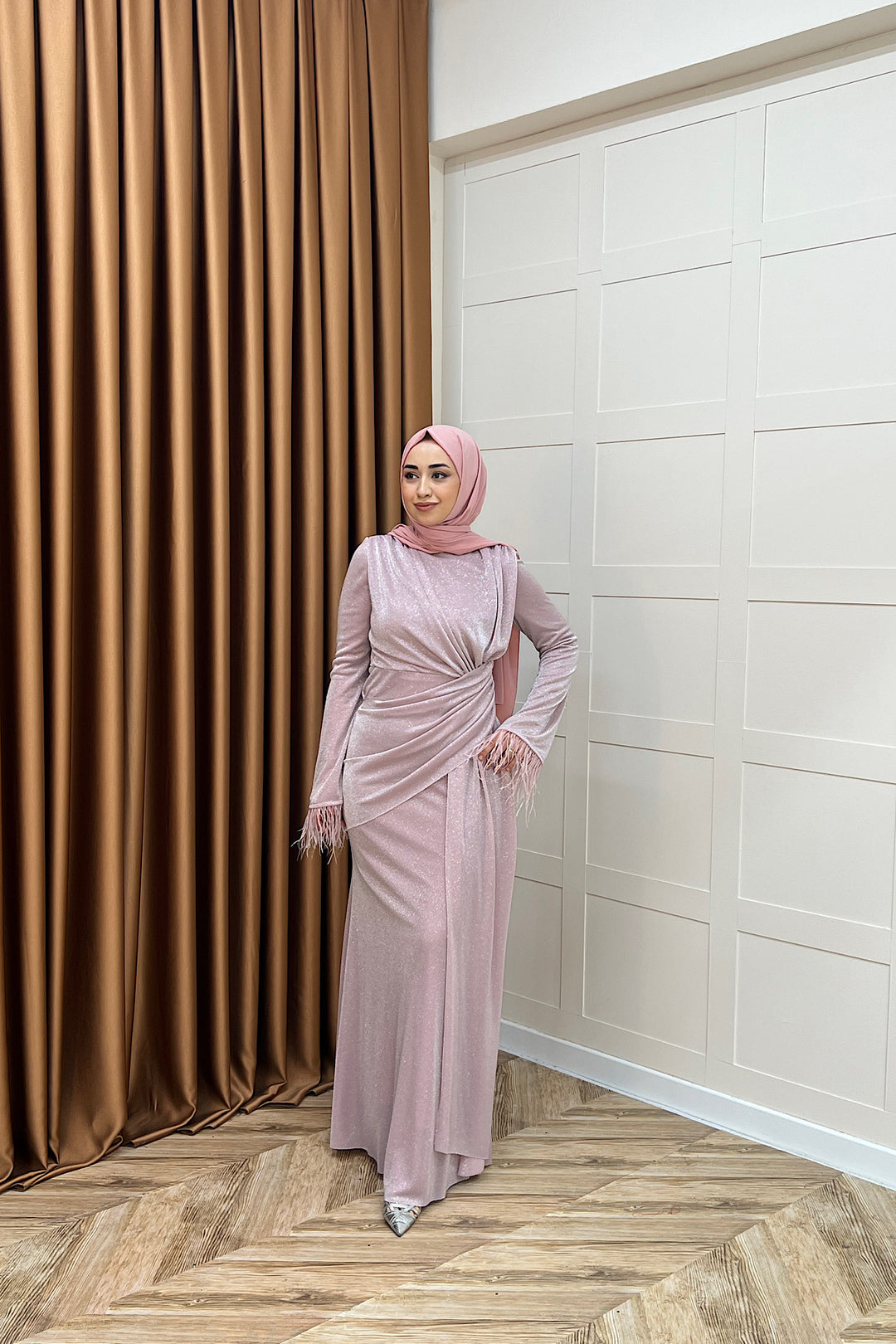 Rosalin Tüy Detay Abiye Pudra 3088-PUDRA