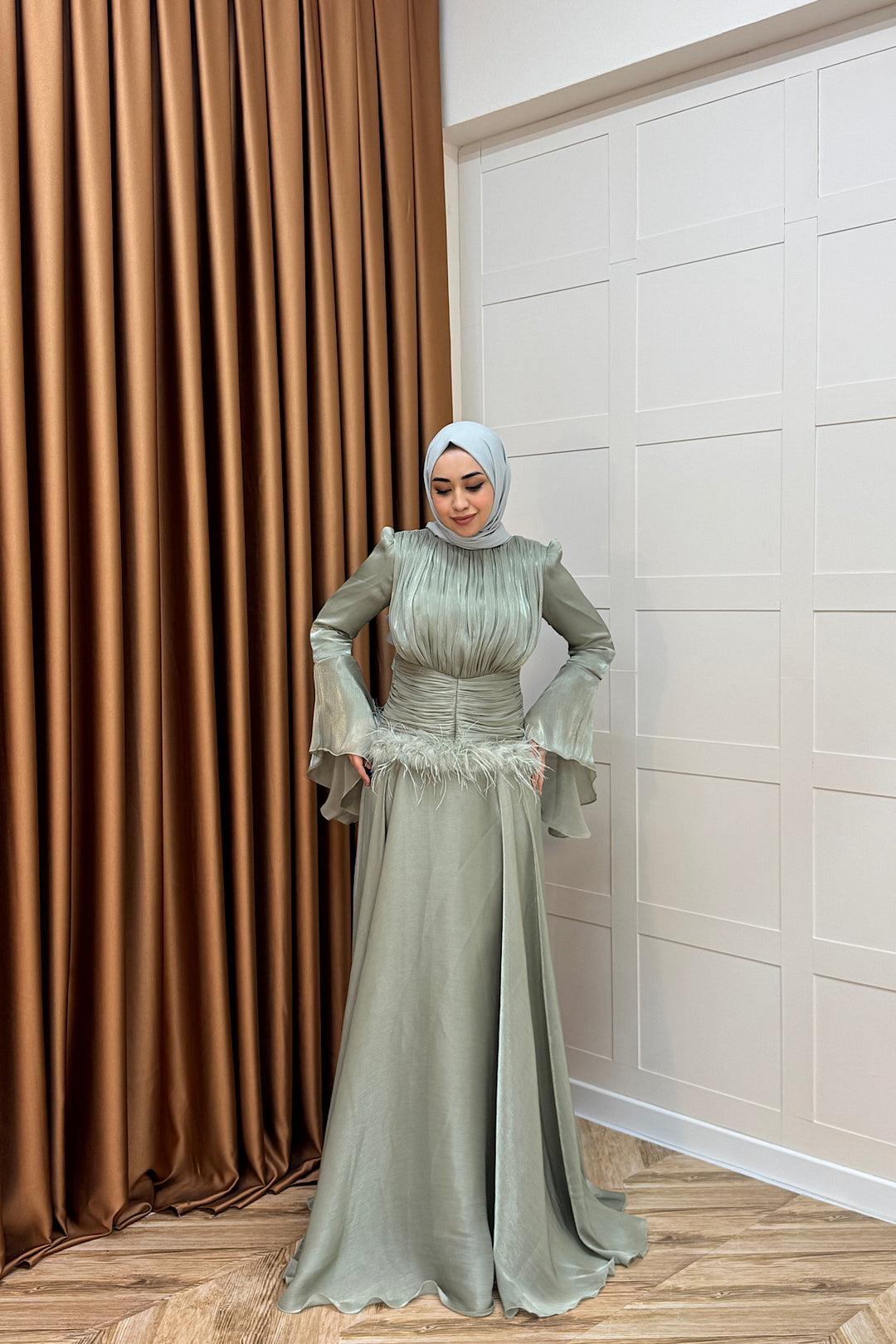 Nova Bel Drapeli Abiye Yeşil 3089-YESIL