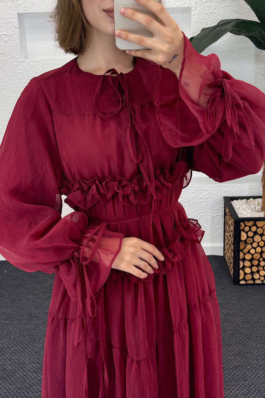 Floral Elbise Bordo 9024-BORDO