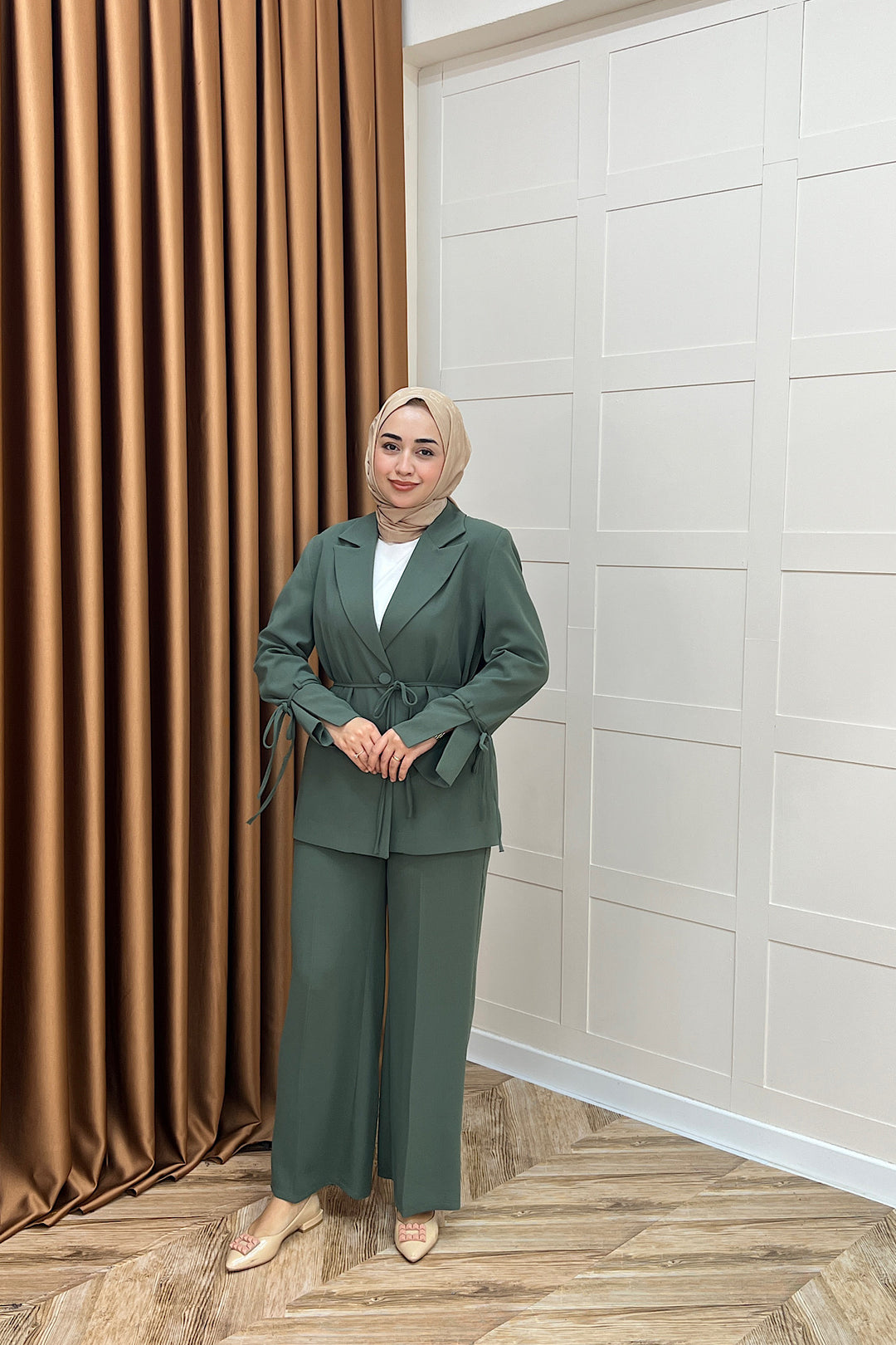 Kuşak Detay Ceket Takım Yeşil 5004-YESIL