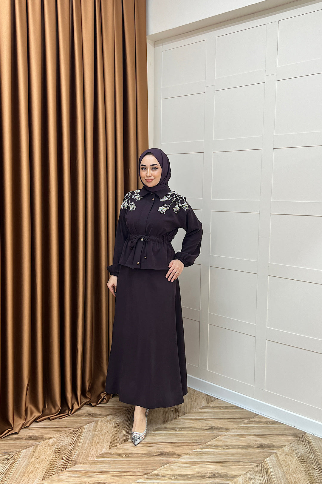 Laura Taş İşlemeli Etek Takım Mürdüm 02969-MURDUM