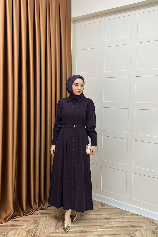 Nisa Boydan Düğmeli Elbise Mürdüm 3000-MURDUM