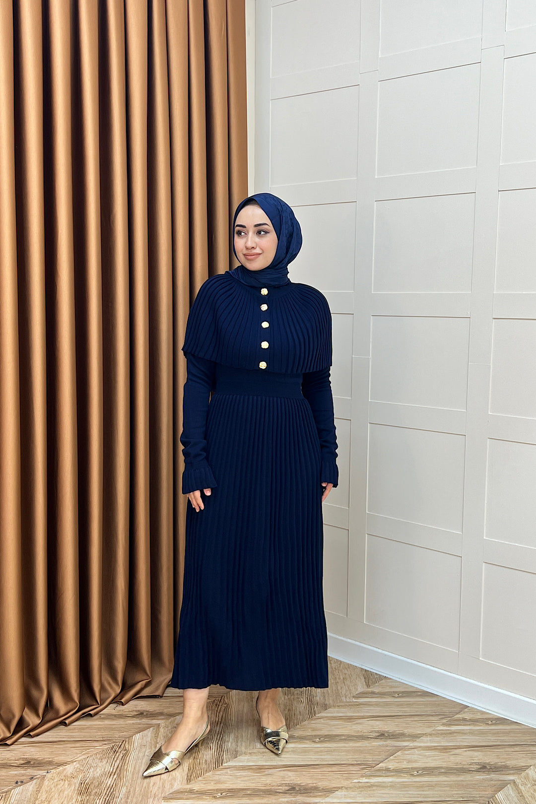 Kelebek Pelerinli Triko Elbise Lacivert 10200-LACIVERT