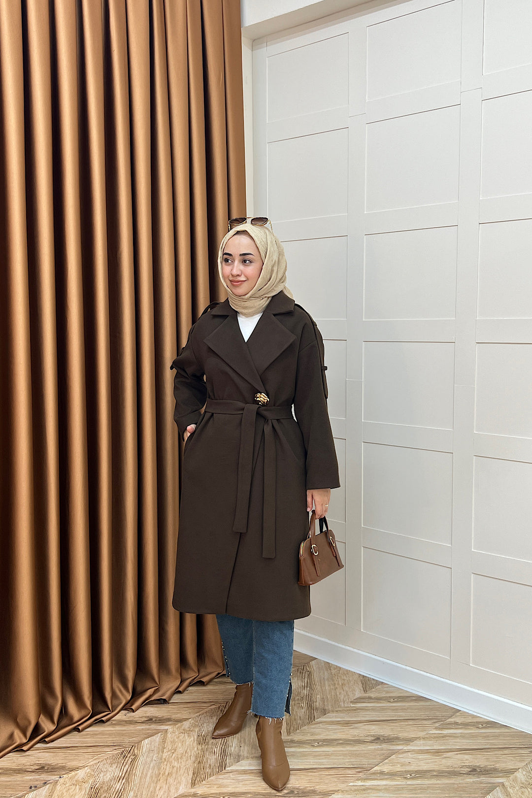 Parya Omuz Detay Kaşe Kaban Kahverengi 5531-KAHVERENGI