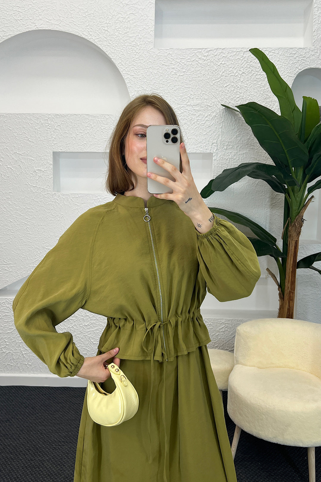 Belden Büzgülü Fermuar Detay Elbise Yağ Yeşili 2889-YAGYESILI