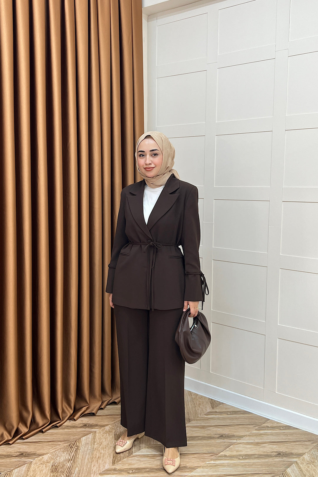 Kuşak Detay Ceket Takım Kahverengi 5004-KAHVERENGI