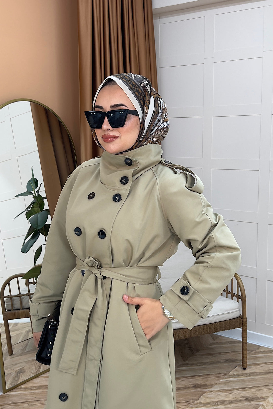 Elora Kuşaklı Uzun Trençkot Yeşil 5535-YESIL