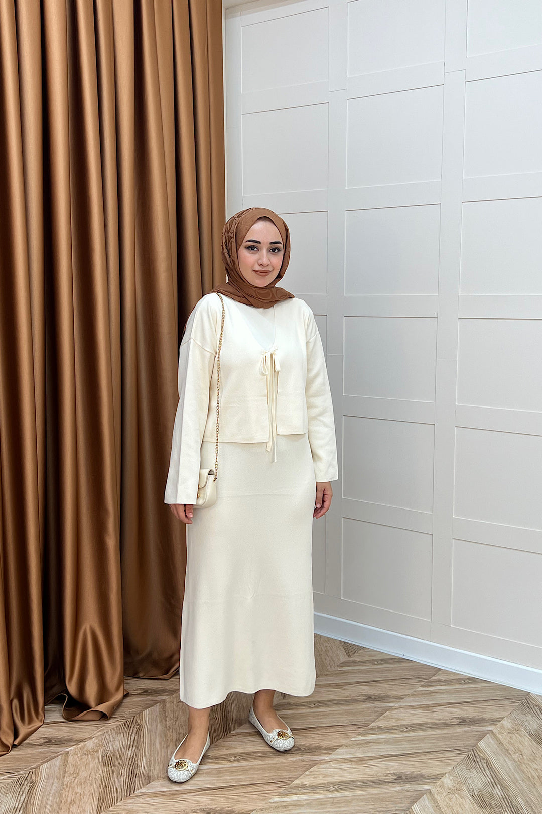 Ester Croplu İkili Triko Elbise Krem 25160-KREM