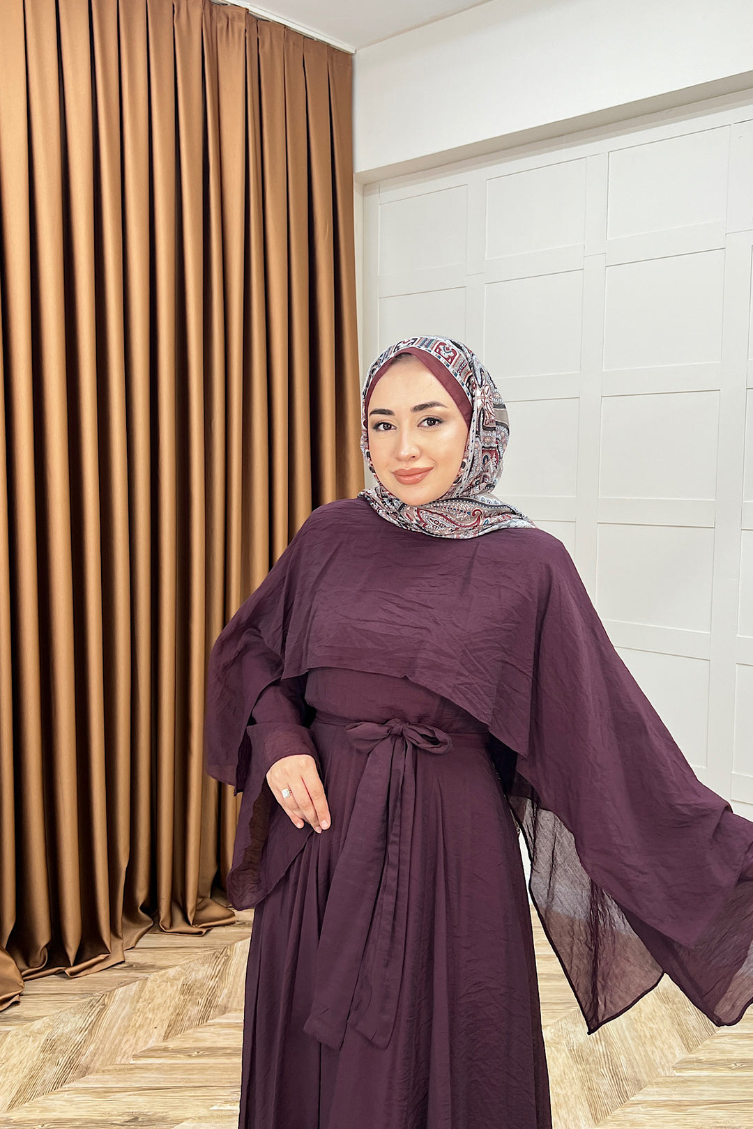 Bella Pelerin Detay Elbise Mürdüm 8054-MURDUM