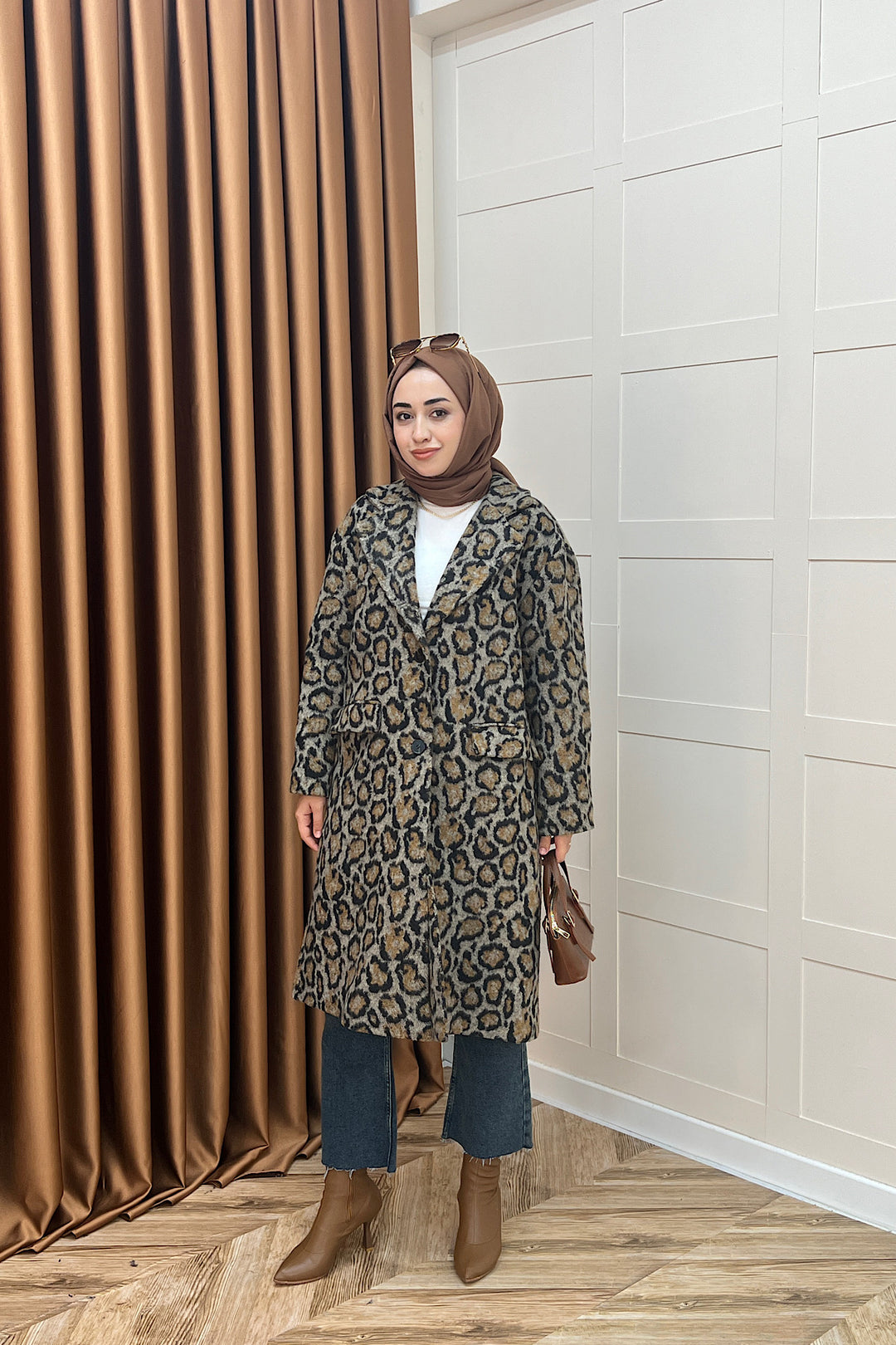 Leopar Desen Kaşe Kaban Kahverengi 2033-KAHVERENGI