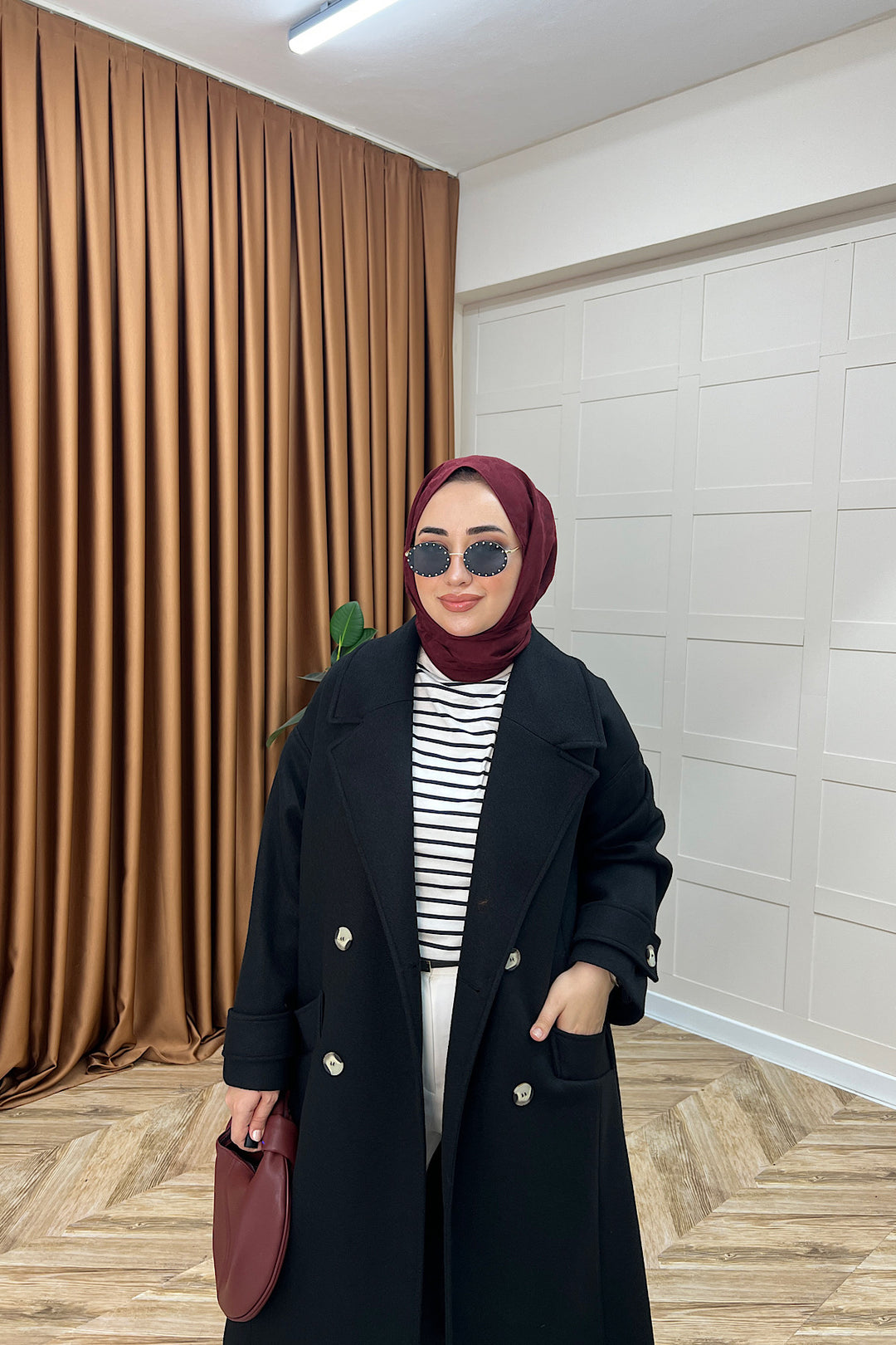 Lara Kuşaklı Kaşe Kaban Siyah 5541-SIYAH