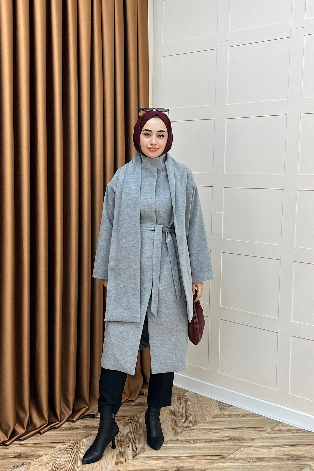 Siena Atkı Detay Kaşe Kaban Gri 5530-GRI