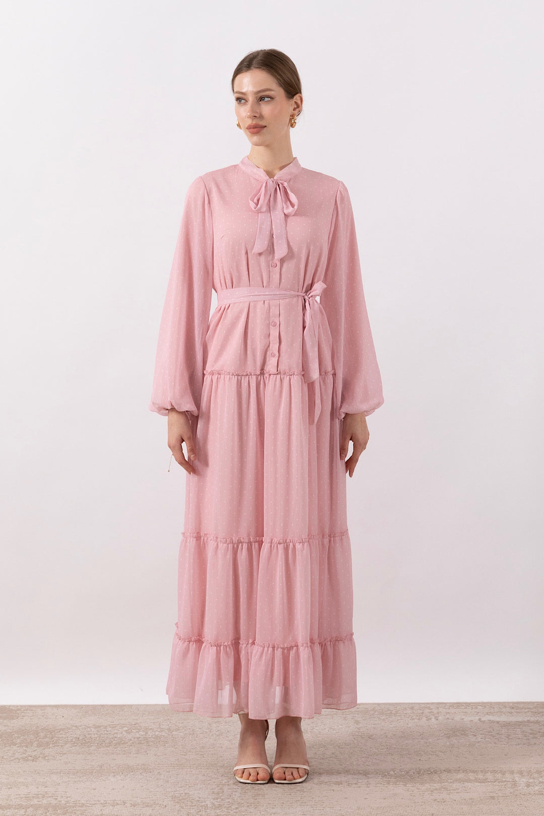 Lena Puantiyeli Şifon Elbise Pembe 3036-PEMBE