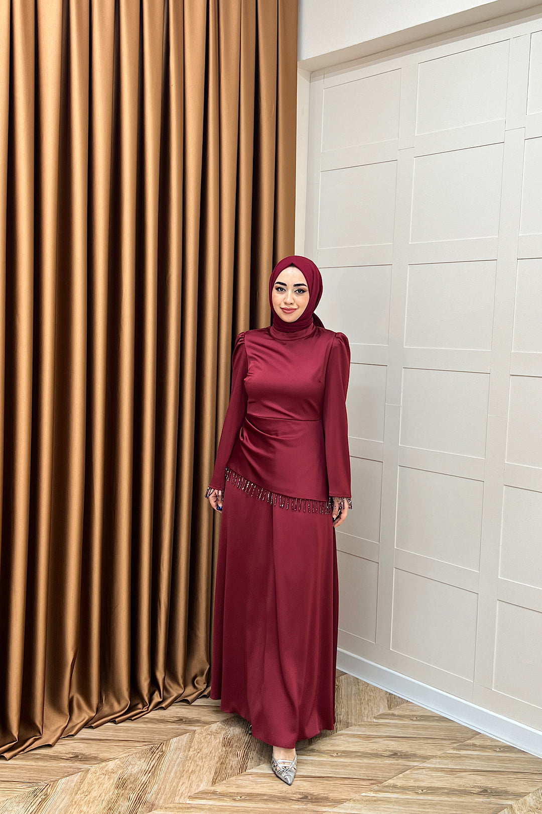 Ayla Saten Abiye Bordo 3093-BORDO