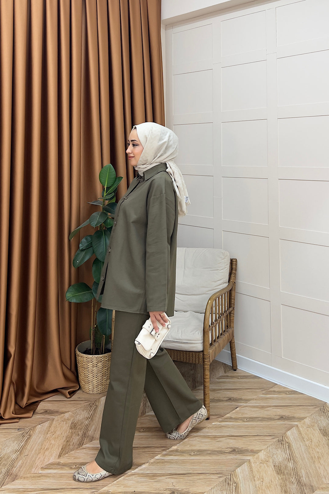 Nilda Aksesuar Düğmeli Takım Haki 62812-HAKI